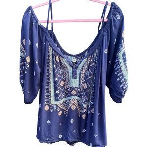 Ecote Urban Outfitters Navy Blue Medallion Boho Peasant Indie Blouse Medium Trim